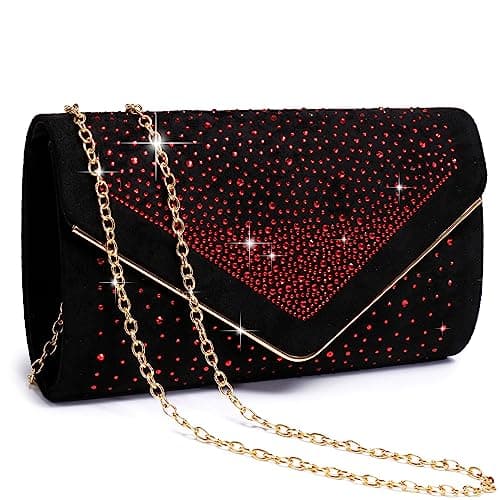 Dasein Women Rhinestone Evening Bag Faux Suede Clutch Formal Party Sparkly Purses Cocktail Wedding Handbag (Red)