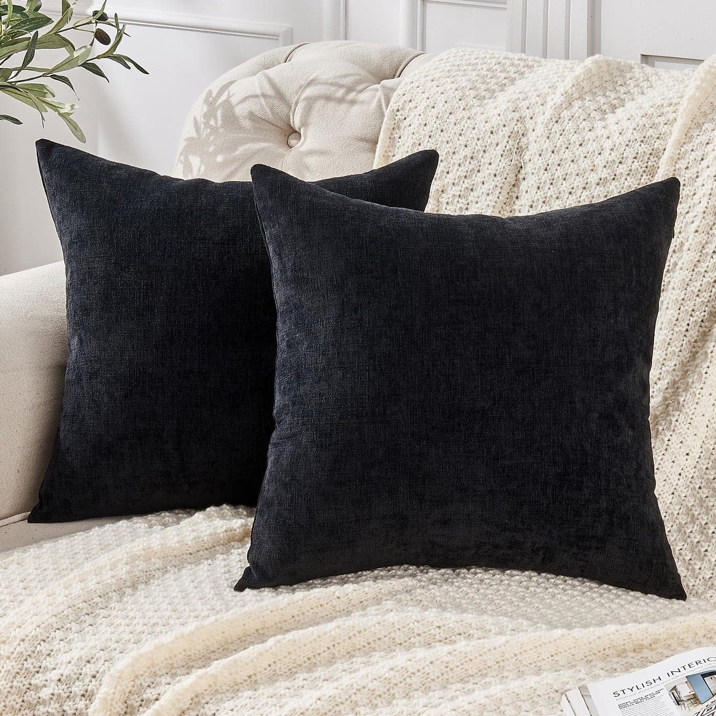 GAWAMAY Decorative Square Throw Pillow Covers 20x20 Inch Set of 2 Super Soft Chenille Pillows Farmhouse Fall Pillowcase for Living Room Bedroom Sofa Couch Cushion Cover Black 50x50cm No Insert