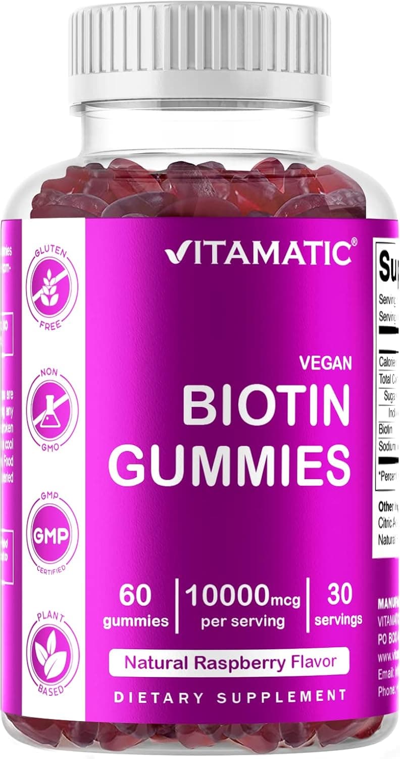 Vitamatic Biotin Gummies 10000 mcg for Stronger Hair Skin Nails 60 Vegan Gummies Also Called Vitamin B7 1 Bottle