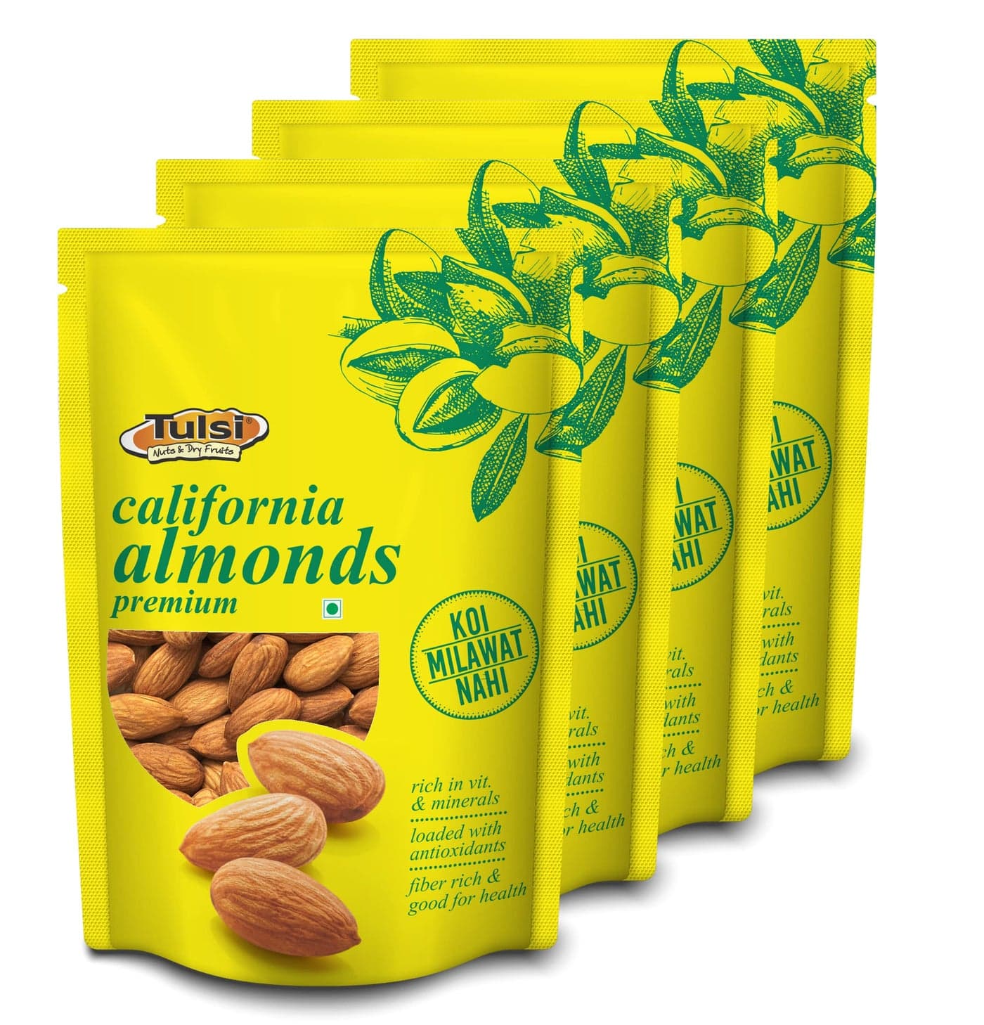 Tulsi California Almonds Premium 800g (200g x 4) | Whole Almond | Rich in Vitamins & Minerals | Good for Health | Loaded with Antioxidants | Nuts & Dry Fruits|Badam Giri | Healthy Nuts | (Pack of 4)
