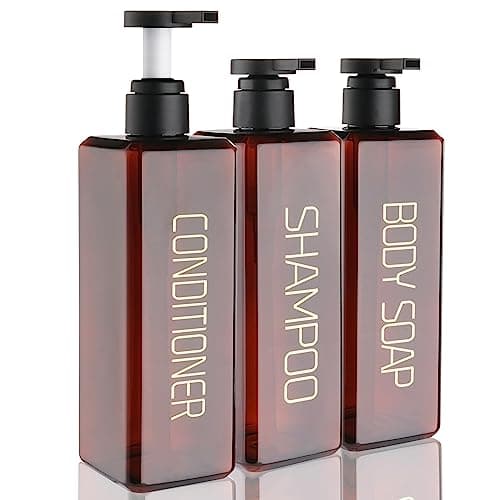 Shampoo and Conditioner Dispenser Shower Soap Bottles 3 Pack 550ml/18.6oz Refillable Shampoo Pump Bottle Dispenser Plastic Empty Body Wash Dispensers with Stylish Permanent Labels for Bathroom (Brown)
