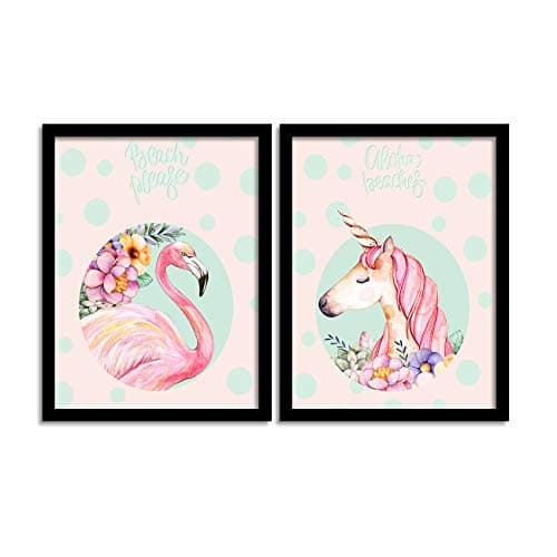PAINTINGMANTRA Flamingo Unicorn Framed Painting Set of 2, Flamingo Paintings/Posters for living Room (13.5 Inch X 17.5 Inch Each)