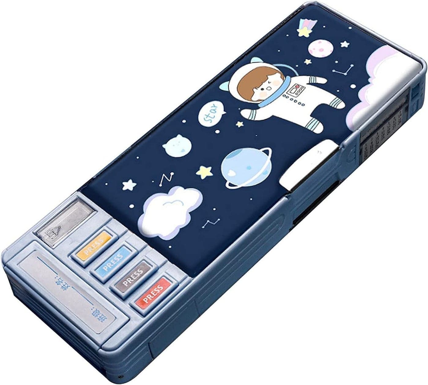 Zollyss Plastic Multifunctional Cute School Pencil Box for Girls, Space Compass Box for Boys, Aesthetic Stationary Items, Magnetic Pencil Box (Random Color) (Space), Blue