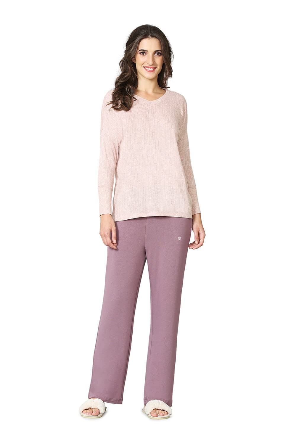 Van Heusen Women Lounge T-Shirt - Ecoliva Viscose-Polyester - V-Neck, Full Sleeve, Sustainably Enhanced, Breathable_55421_Soft Pink_L