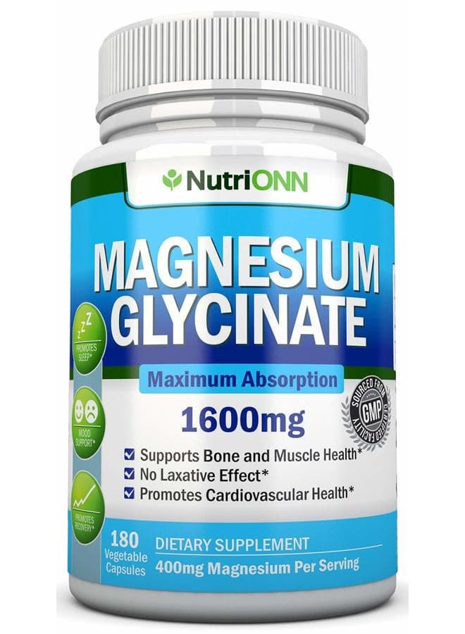 Magnesium Glycinate - 1600 mg - 180 Vegan Capsules - Maximum Absorption - Chelate Vegan Supplement - High Bioavailability - Great for Heart Health and Muscle Cramps