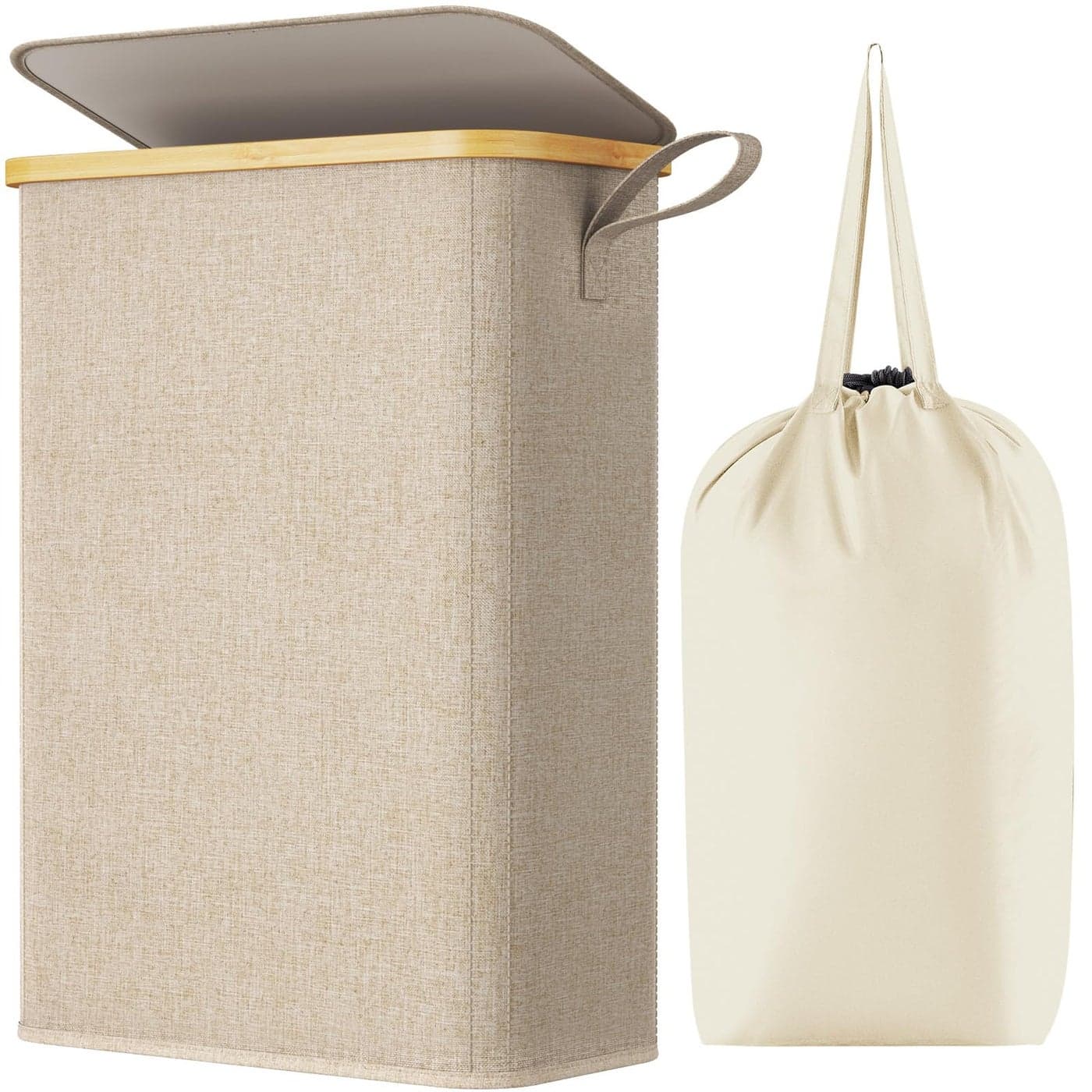 Lifewit 50L Slim Laundry Hamper with Lid Narrow Laundry Basket with Removable Bag Bamboo Handles Fodable Thin Dirty Clothes Hamper for Laundry Collapsible Bin for Bathroom Bedroom Dorm Beige
