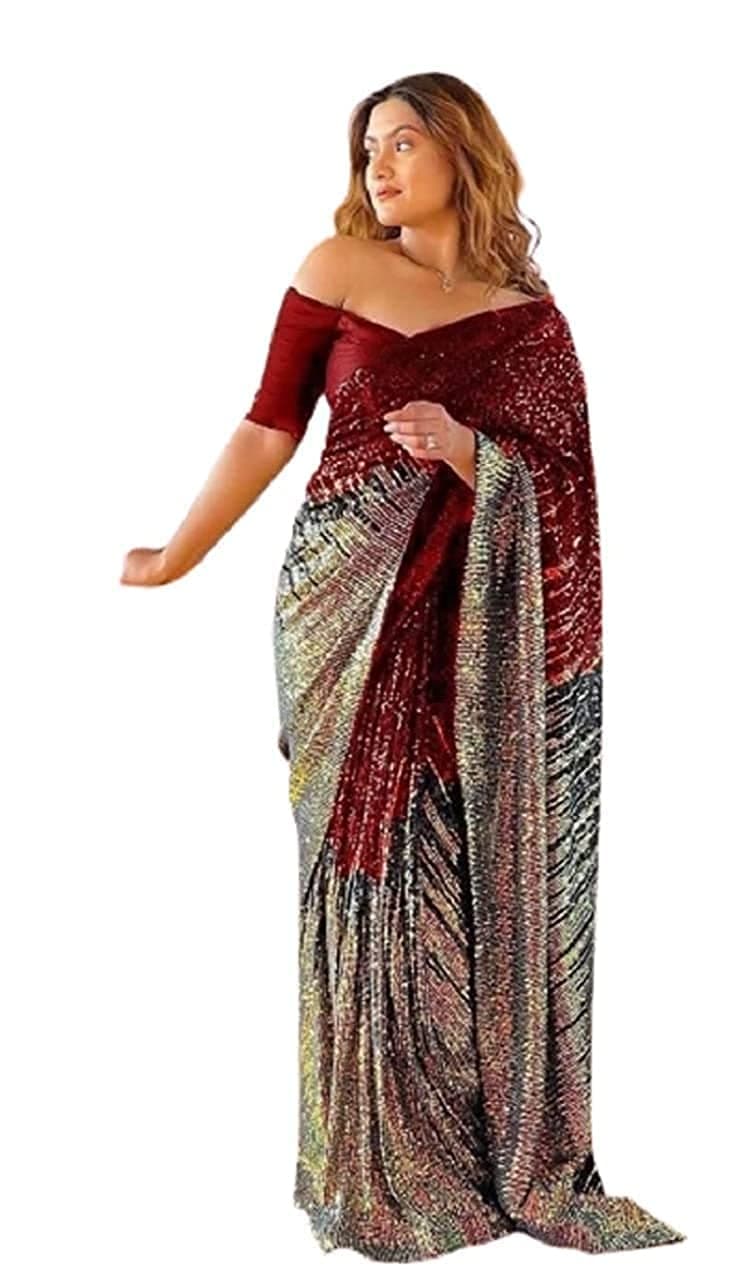 Florely Women's Georgette Sequence Saree For Women With Blouse Piece (Red)