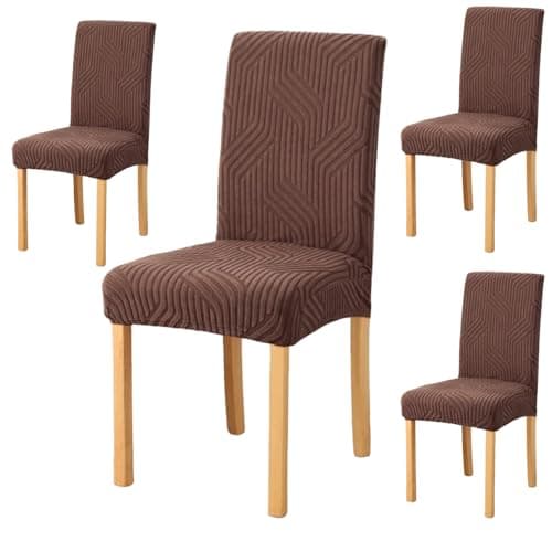 Styleys Elastic Chair Cover Stretch Removable Washable Short Jacquard Dining Chair Cover Protector Seat Slipcover (Pack of 4, Chocolate, JTMC8)