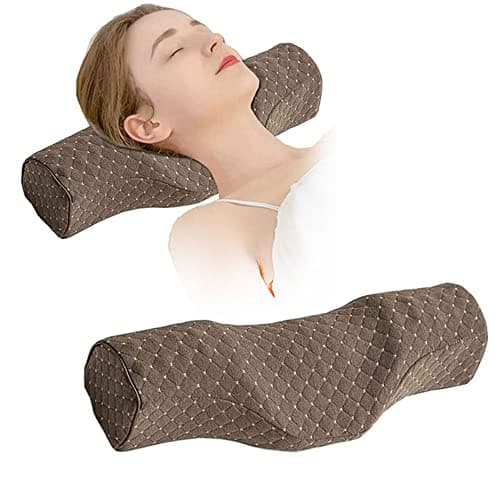 Cervical Neck Pillow for Pain Relief Sleeping, Neck roll Pillow Memory Foam for Stiff Neck Pain Relief ,Travel Bolster Pillow for Bed for Side Sleepers Back Sleeper. (Brown)