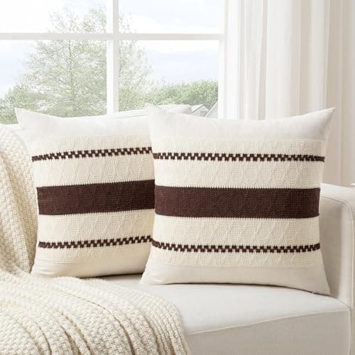 Fancy Homi Set of 2 Boho Brown Decorative Throw Pillow Cover 16x16 Inch for Couch Bed Sofa Aesthetic Modern Organic Farmhouse Home Decor Soft Cotton Cute Accent Macrame Woven Cushion Case