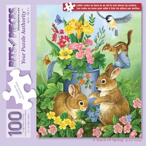 Bits and Pieces – 100 Piece Jigsaw Puzzle for Adults – A Touch of Spring by Artist Jane Maday - Cute Bunnies Jigsaw Puzzle, Completed Puzzle Size: 15" x 19"