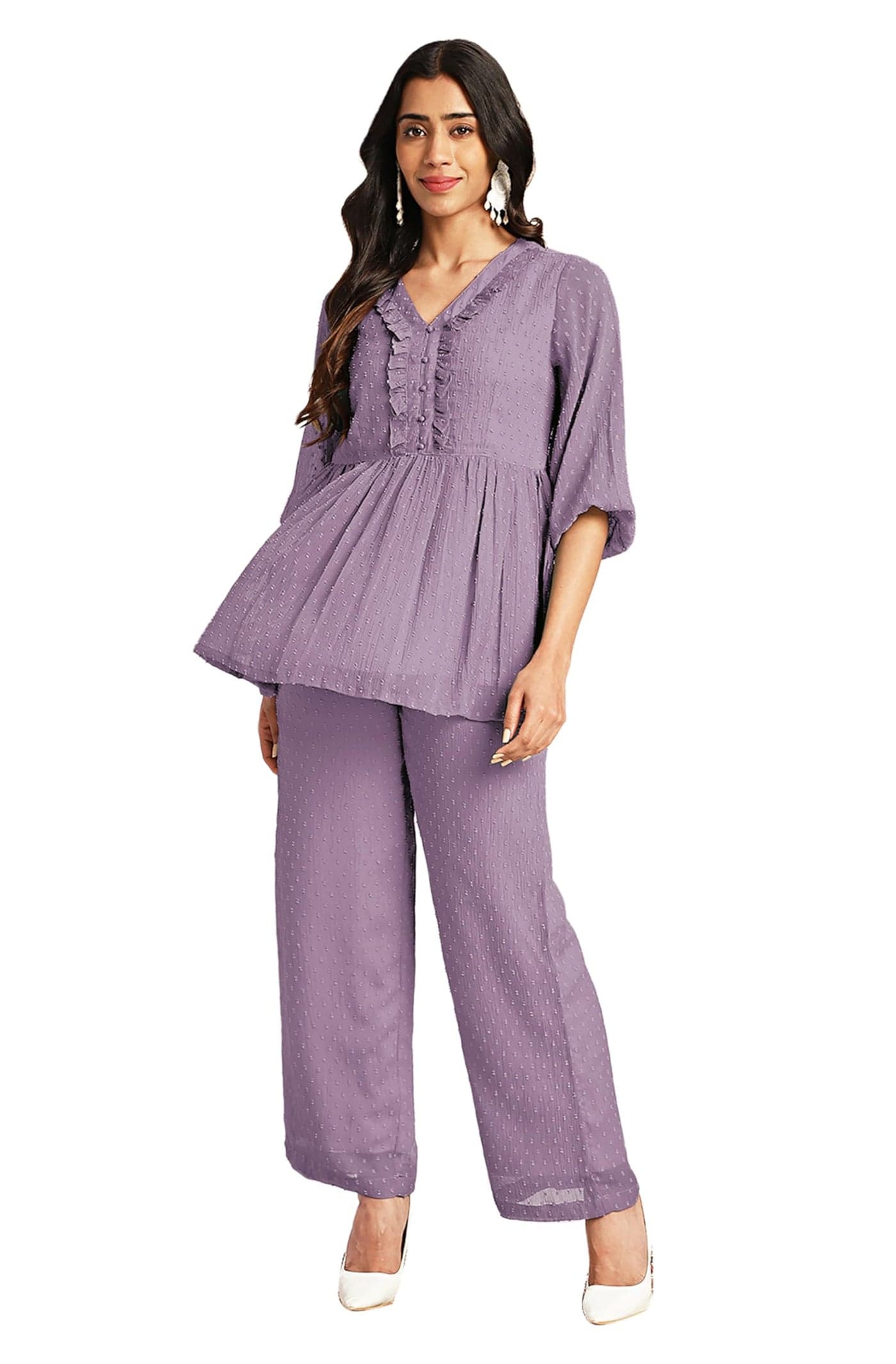 Janasya Women Lavender Self Design Printed Dobby Chiffon Top & Pant Set Latest Style