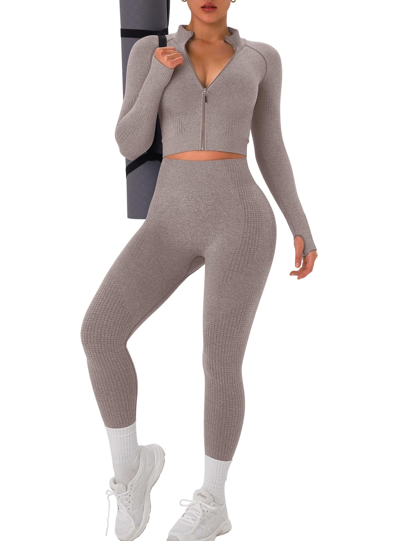 OLCHEE Womens Workout Sets 2 Piece - Seamless Yoga Outfits Long Sleeve Zipper Jacket and High Waist Leggings Butt Lifting Gym Set - Cream Medium