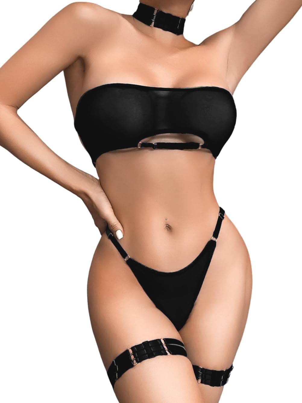 SSoShHub Lingerie for Women French Costume Babydoll Bra Panty Lingerie Dress Cosplay with Neck Strip and Garter Clip Leg Strip Female Wedding Nightgown Black