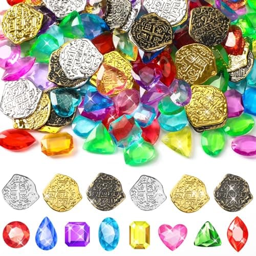 MARFOREVER 180 PCS Pirate Treasure Pool Gems Toys Dive Toys Set 120 Pool Gems Diamonds and 60 Plastic Gold Coins Summer Throw Diving Toys for Boys Girls Water Beach Sand Pirate Party Supplies Favors