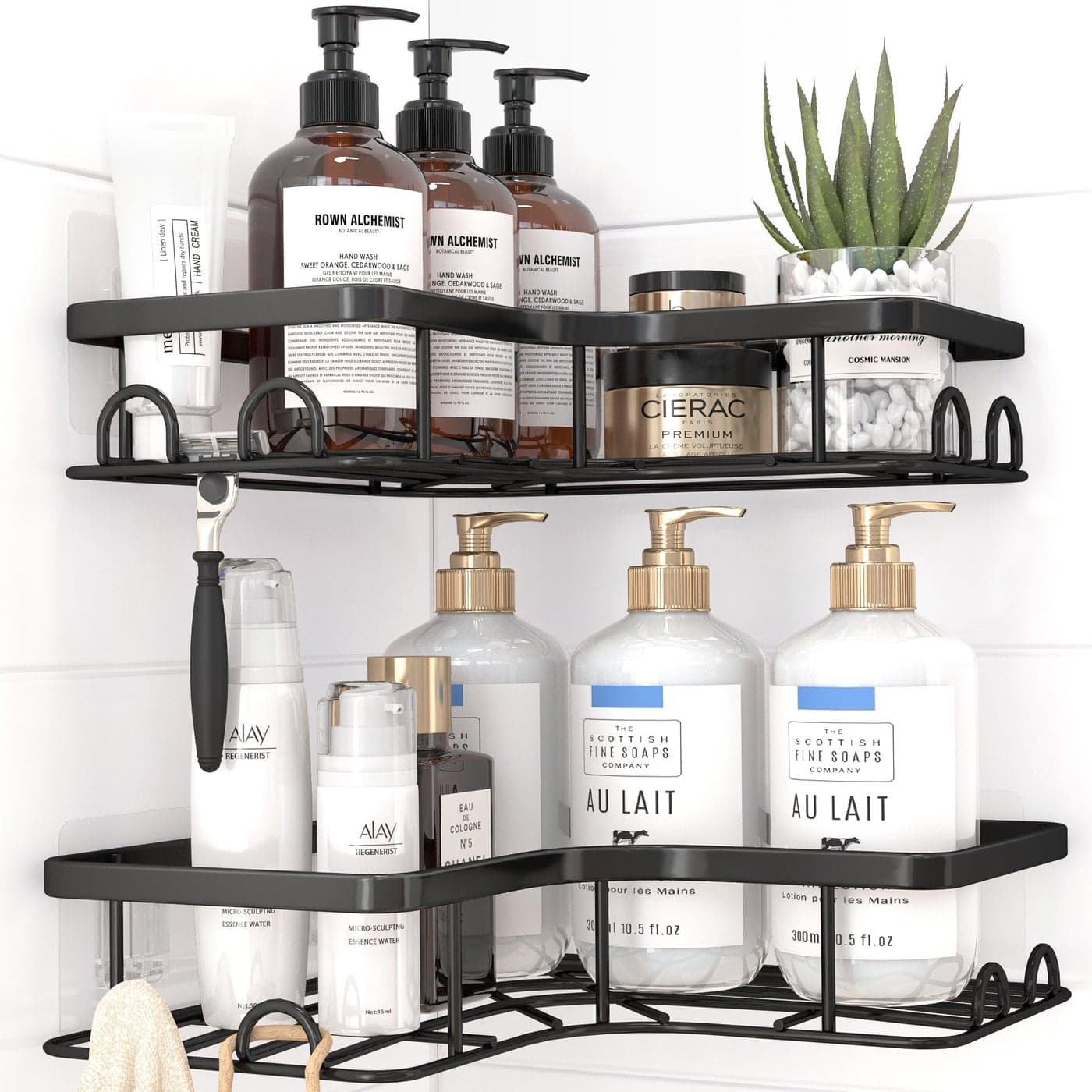Sakugi Corner Shower Caddy 2 Pack Adhesive Shower Organizers Rustproof Stainless Steel Shower Shelves with 8 Hooks No Drilling Bathroom Organizers and Storage Racks SpaceSaving BlackMedium
