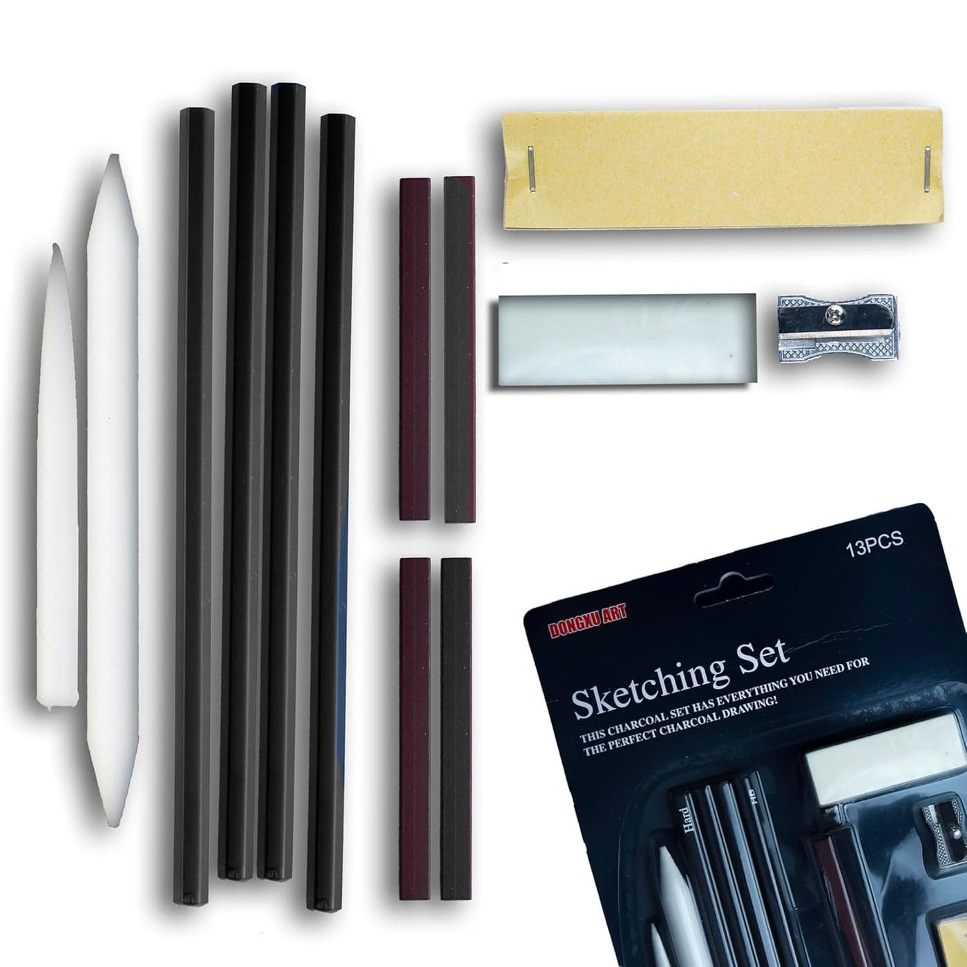 ArtRight 13 Pcs Sketching Drawing Art Kit 4 Graphite Pencils 4 Compressed Charcoal Sticks 2 Blending Stumps Sandpaper Block Eraser Sharpener Ideal for Artists Students