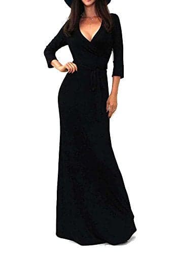Vivicastle Women's Solid V-Neck 3/4 Sleeve Faux Wrap Waist Long Maxi Dress (Small, Black)