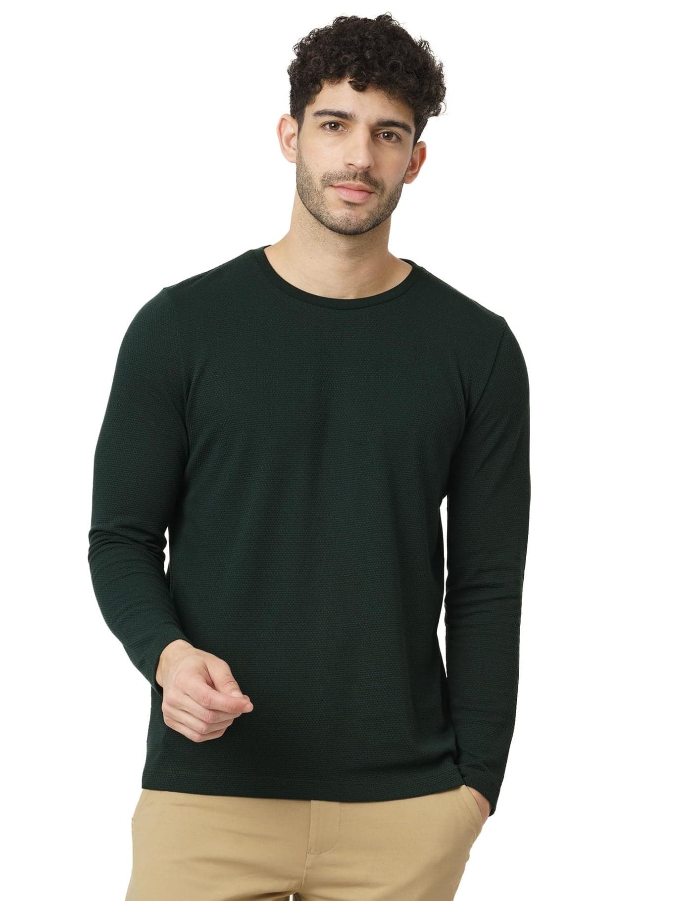 DAMENSCH Statement Popcorn Full Sleeve T-Shirt with Premium Cotton Blend, Popcorn Texture, Colours by High-IQ Dyes T-Shirt for Men-Pine Green-XXL