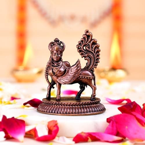 CraftVatika Copper Kamdhenu Cow Patina Antique Finish Cow Showpiece Figurine Vaastu Décor Home Décor Items (5.5 CM Height)