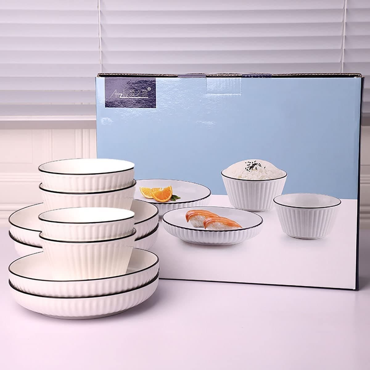 FS COOL Porcelain Striped 8Piece Plates And Bowls SetsRound Shape With Black LineVertical PatternLarge Bowl For Ice CreamSoupAnd Deep Dish For SnackCakePasta 4 Bowl 4 DishDinner Set
