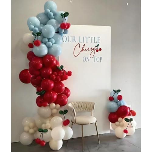 Soonlyn Cherry Balloon Arch Garland Kit 13ft 12In Double Stuffed Red Blue White Sand Cherry Balloons for Cherry on Top Baby Shower Cherry Birthday Decorations Party