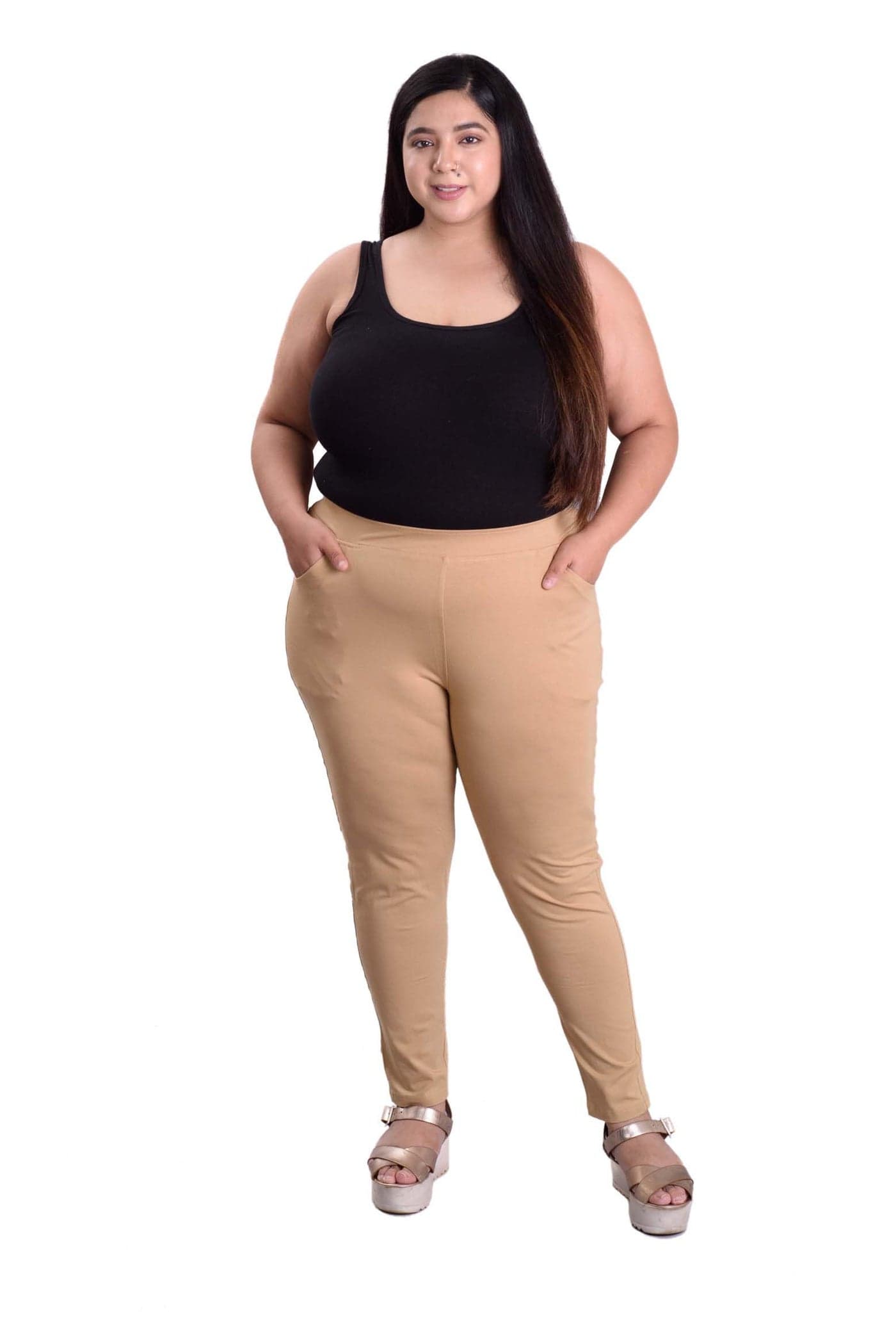 Keepfit Cotton Spandex Slim fit Ankle Length Plus Size Pocket Leggings for Women & Girls Beige