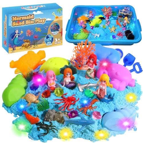 GAIETYDIY Mermaid Sensory Bin for Girl Magic Sand Art Kit with LED Light 22lbs Sensory Sand Ocean Sea Animals Sand Box with lid Mermaid Toy Christmas Birthday Gift for Girls Ages 3 4 5 6 7 8