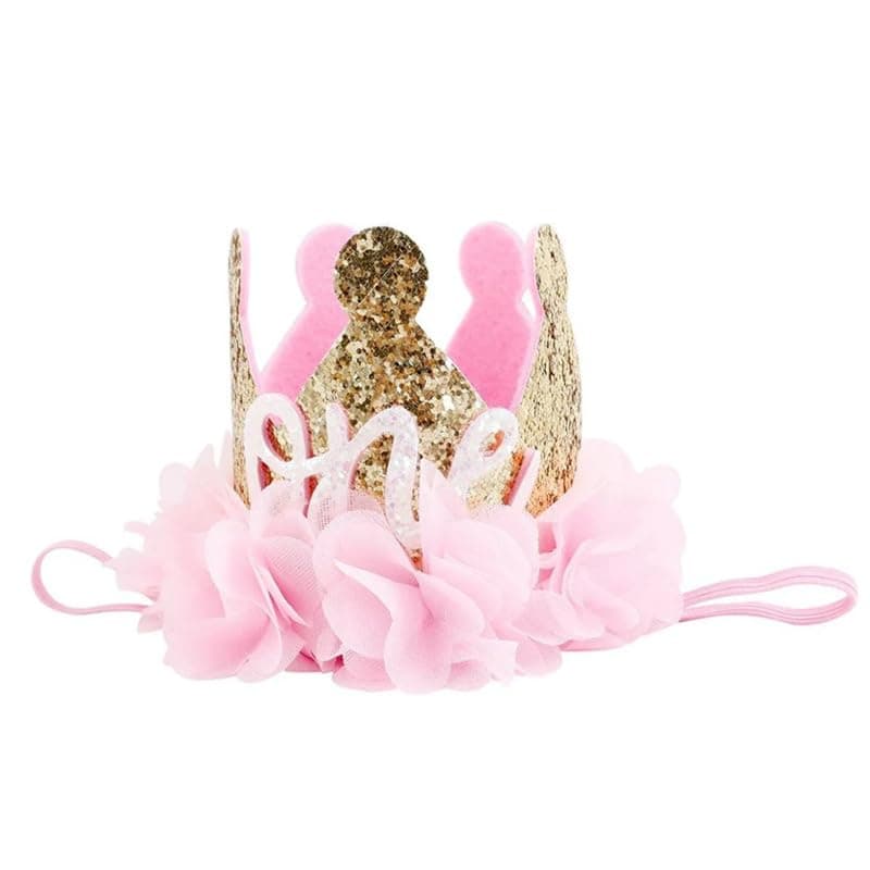 Gold Glitter Crown Headband Pink Flower Crown Tiara Hairband for Baby Birthday Party Supplies Photo Props ChiffonOne