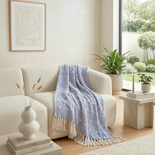 SAJAVAT HOME Hand Knitted Cotton Sofa Throw Blanket | Calm Blue All-Season Throw for Sofa, Couch & Bed | Soft Lightweight Knitted Design with Tassels | 80×52 Inches (204×132 cm) | Blue