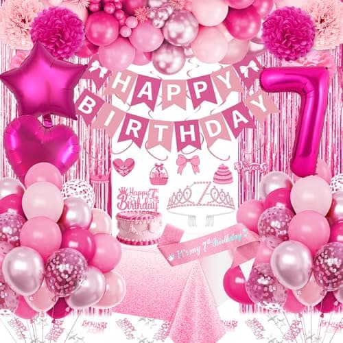 7th Birthday Decorations for Girls Pink Party Decorations with Number 7 Balloon Happy Birthday Banner Bday Sash Crown Tablecloth Fringe Curtain Hanging Swirl for 7 Balloons for Bday Girl