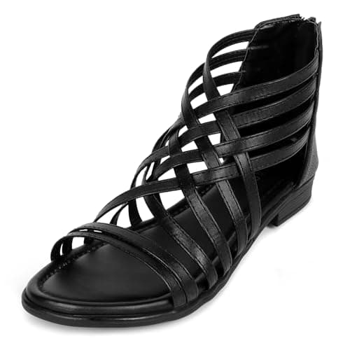 TRASE Flats Gladiator With Zip Closure For Women Sandals| Gladiator High-Tops Sandals For Women | Stylish & Comfortable | College, Office, Shopping, Outdoor & Beach Wea (Black, 8 UK)