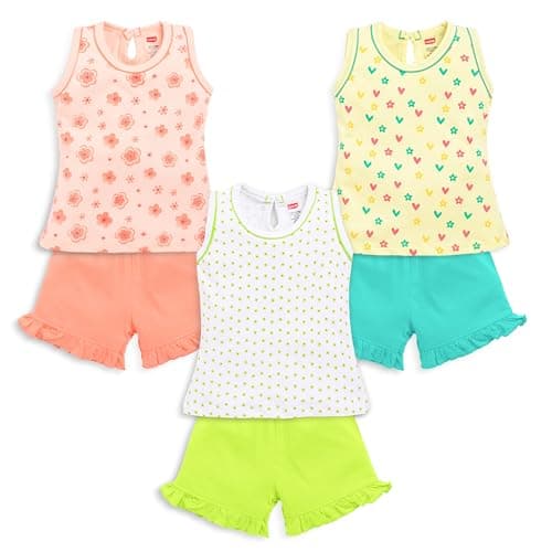 LuvLap Baby Girl Cotton Printed Pack Of 3 Sleeveless Top & Shorts Set, XXL (18 to 24 Months), Assorted