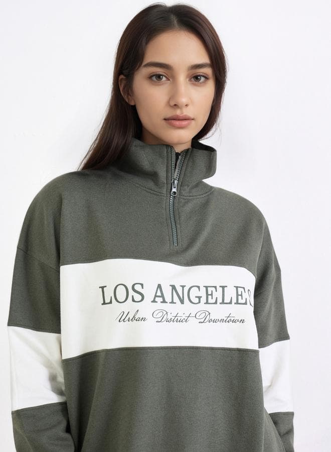 Styli Green Slogan Print Longline Sweatshirt
