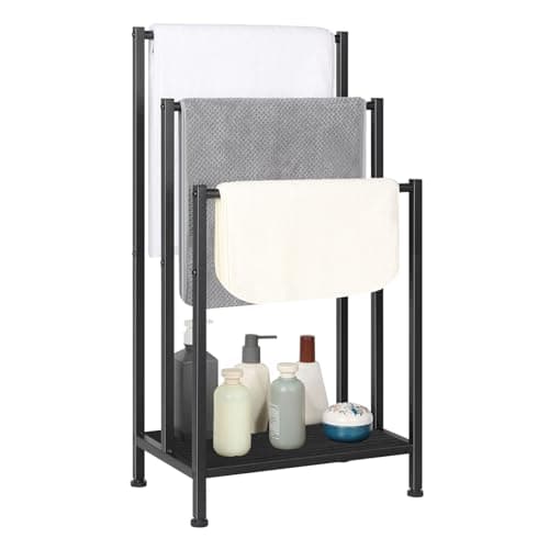 Freestanding Towel Rack, 3 Tier Metal Towel Rack Blanket Rack Stand for Bedroom Black Bath Towel Holder Stand Floor for Bathroom Floor Towel Holder with Wooden Storage Shelf