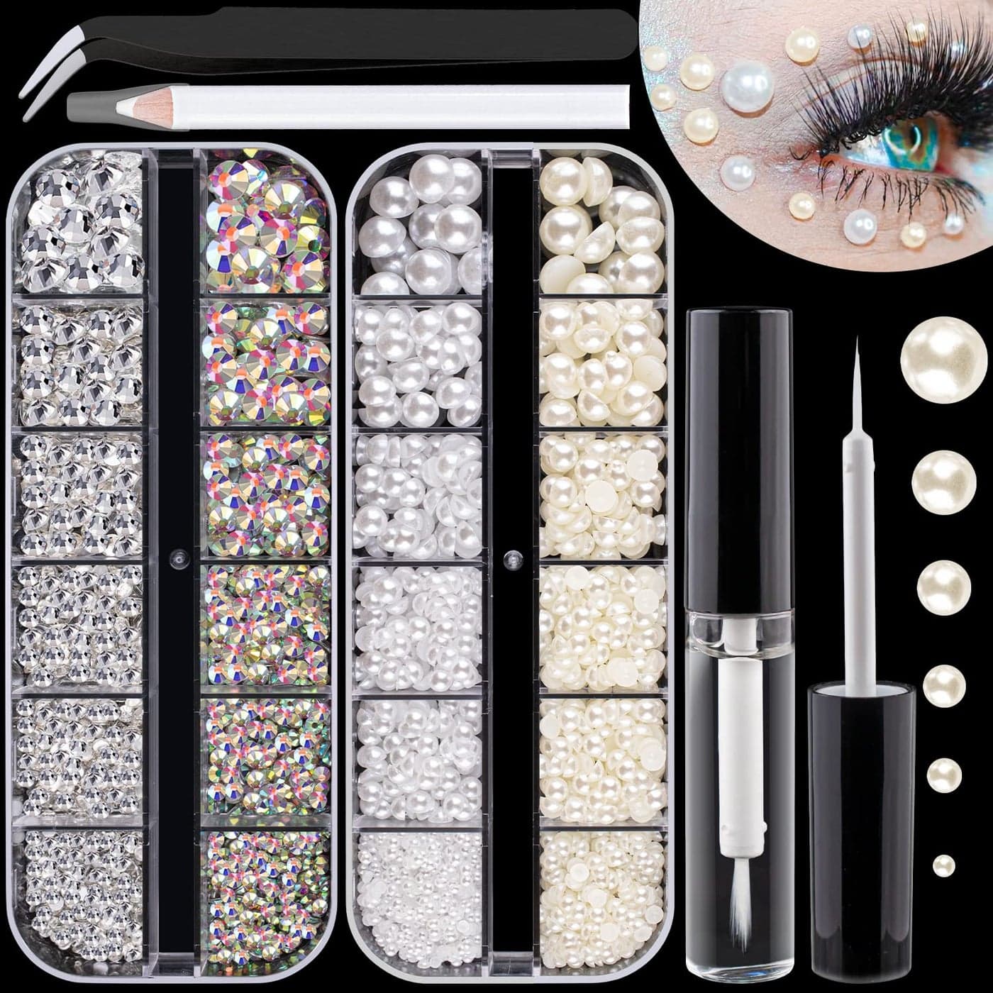 Flat Back RhinestonesPearls Kits Round Glass Crystal ABTransparent White GemsWhiteBeige Pearls with Quick Dry Makeup GluePicker PencilTweezer for Nail Art and Face Eye Body Makeup