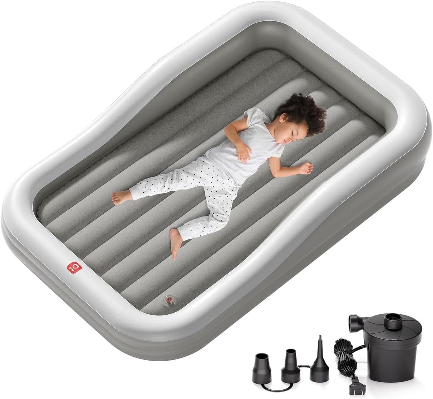 QPAU Inflatable Toddler Travel Bed with 3Sided Safety Bumpers Extra Large Kids Air Mattress Includes Fast Electric Pump Detachable Mattress Portable for Camping Travel Home Use Grey