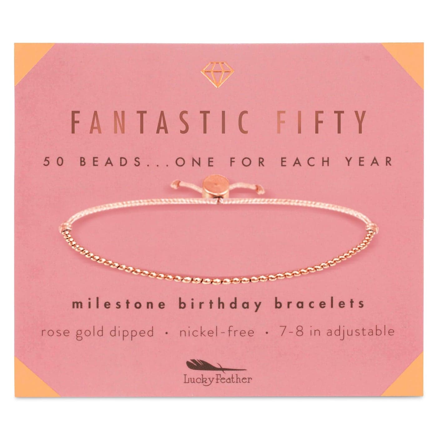 Lucky Feather 50th Birthday Gifts for Women Turning 50-14K Gold Dipped Beads Bracelet on Adjustable Cord, 50th Birthday Jewelry Gift Ideas 50 Year Old Woman