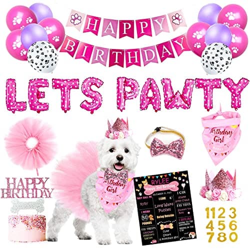 Dog Birthday Party Supplies, Pink Dog Birthday Decorations, Lets Pawty Balloons Banner Hat Bandana Tutu Skirt Outfit for Small Medium Dogs