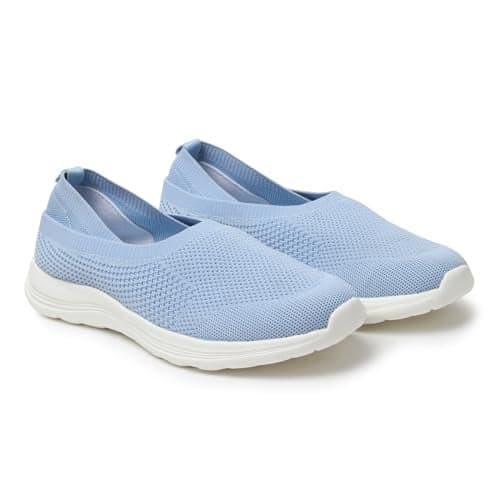YOHO Knitted Slip-Ons for Women | Lightweight, Stylish & Casual Without Lace Sneakers for Woman | Extra Soft Insole & Shock Absorbing, Walking Loafer Shoes for Ladies SOS-114 | Light Blue - UK 6