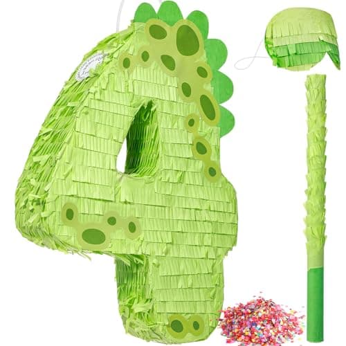 Poen 16 Inch Dinosaur Piata Number 1 2 3 4 5 6 7 8 9 for Kids Birthday Party Cute Dino Piata with Blindfold Stick and Confetti for Boys Girls Dinosaur Birthday Animal Theme Baby Shower Decor4