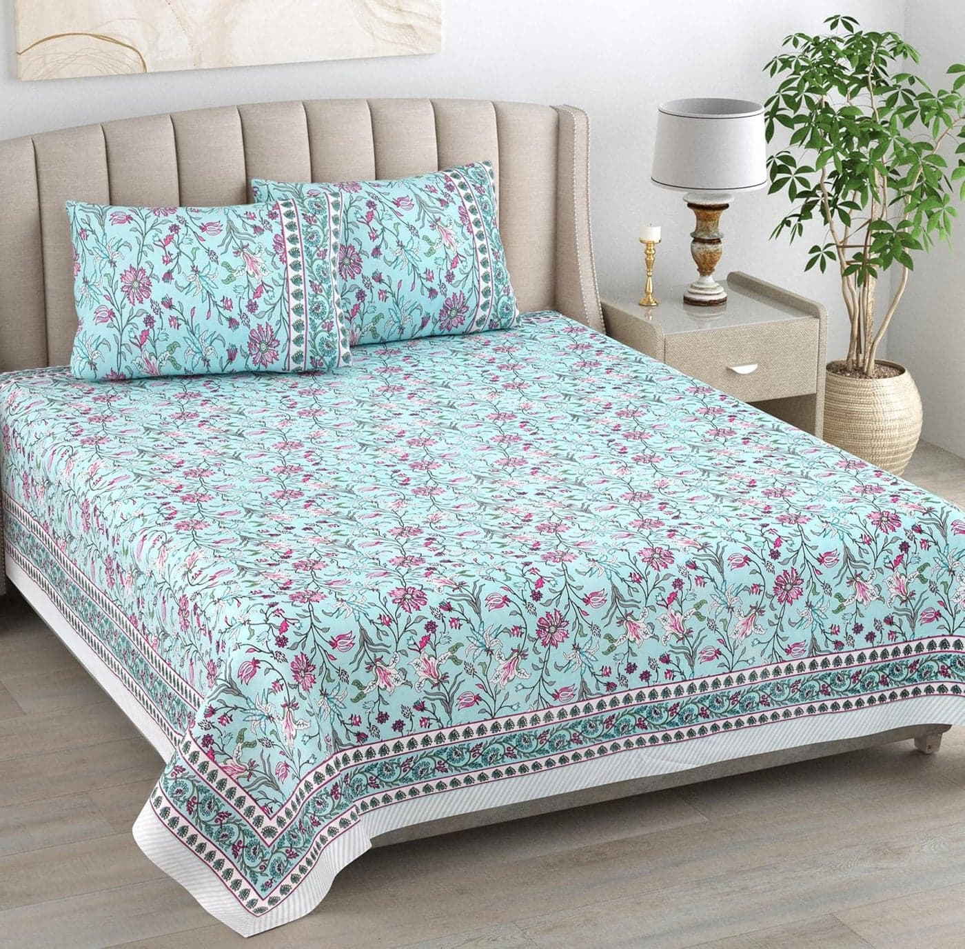 elanorhomes Cotton King Size Bedsheet Double Bed 93x108 Aqua Pink Design with 2 Pillow Covers 240 TC
