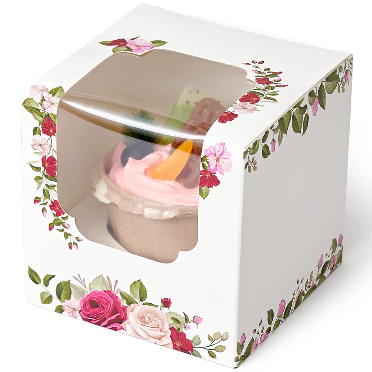 Happyhiram Cupcake Boxes 12 Pcs Roses Floral Individual Mini Gift Box for Mothers Day Botanical Leaves Cupcake Containers Single for Mothers Day Gift Ornament Packaging Womens Birthdays