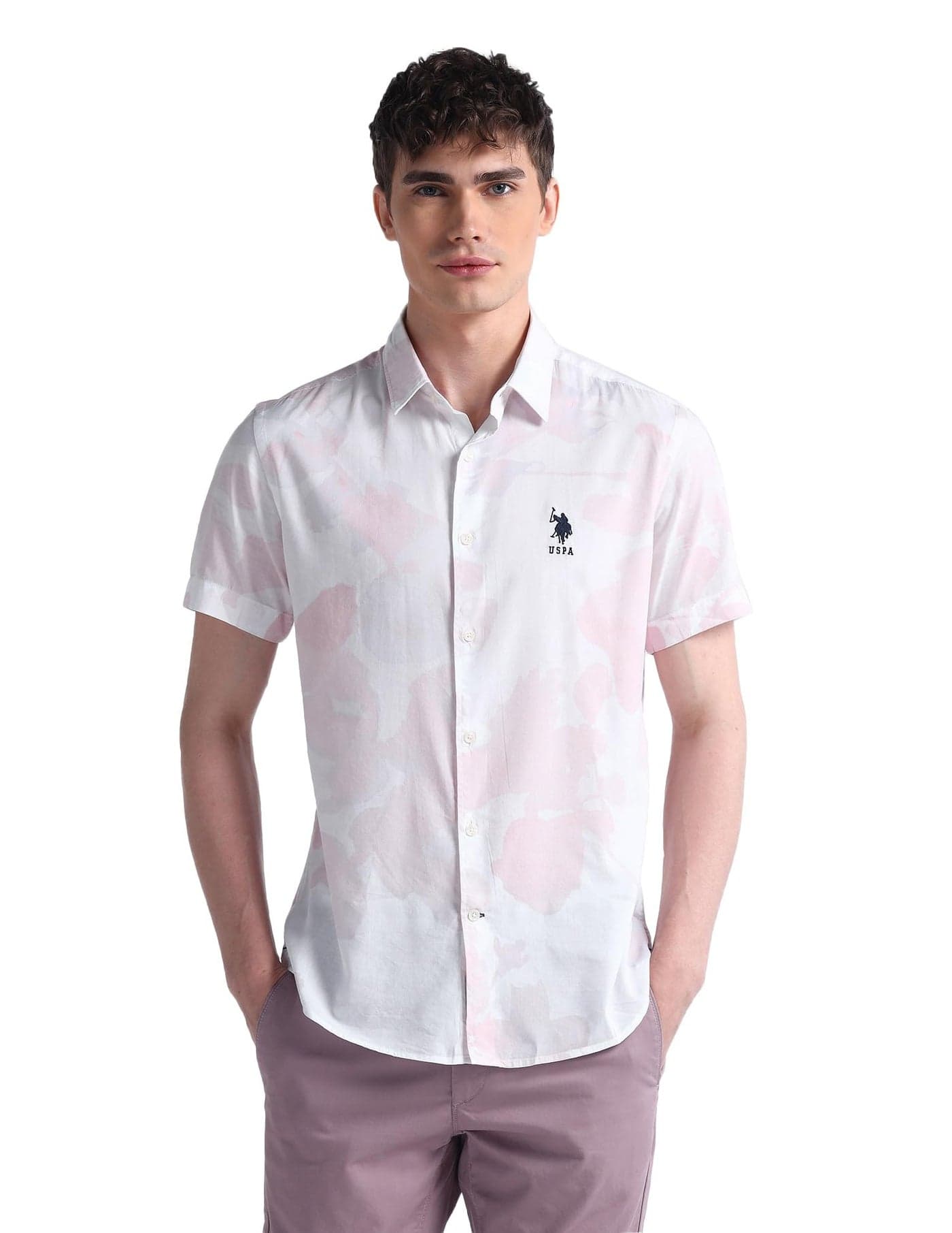 U.S. POLO ASSN. Mens Orange Floral Collared Neck Short Sleeve Men's Casual Shirts (UDSHTFX0308_Orange_42)