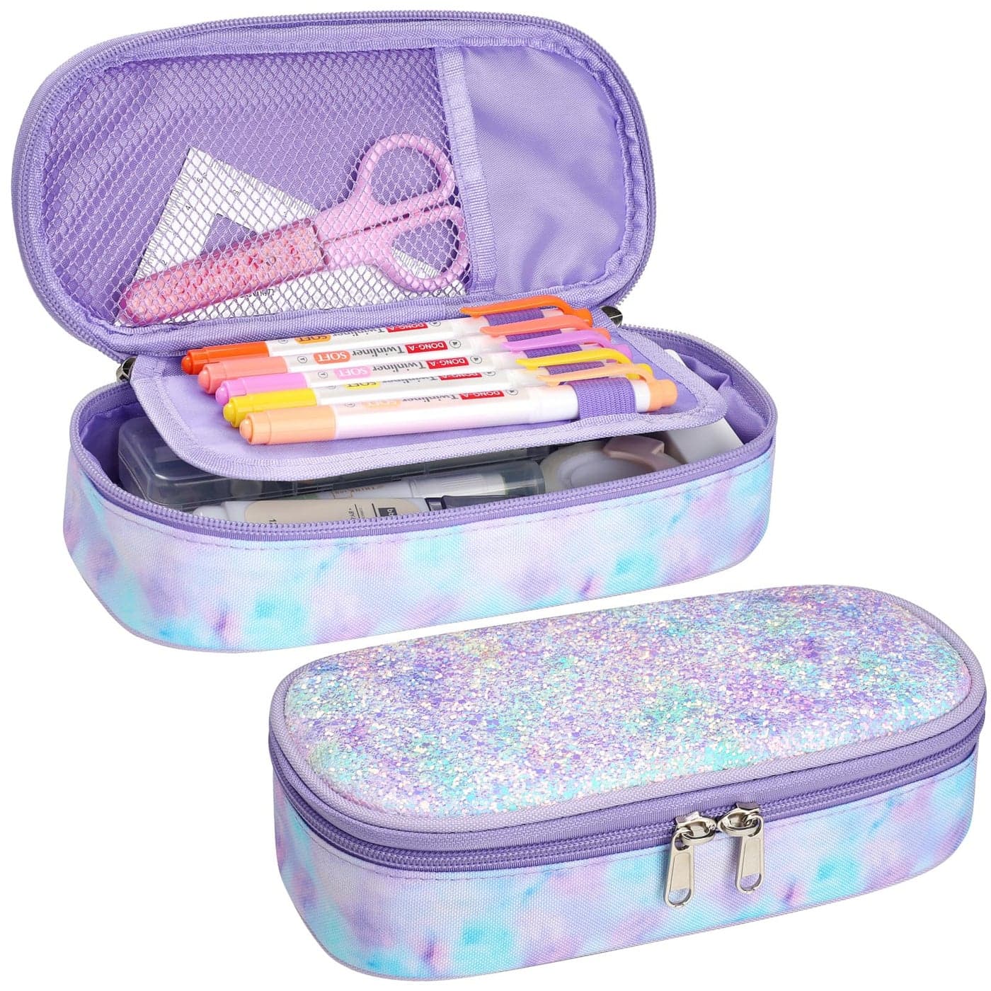 Cambond Pencil Case for Girls Big Capacity Cute Pencil Case for Kids Teenager Special Pencil Pouch for School Office Pencil Box Only Glitter Purple Tiedye