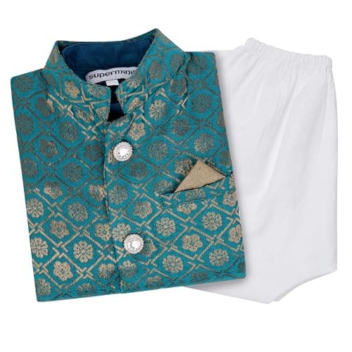 superminis Boy's Cottton Kurta With Golden Thread Work Nehru Jacket and Elastic Closure Pyjama Set (6-7 Years, Blue)