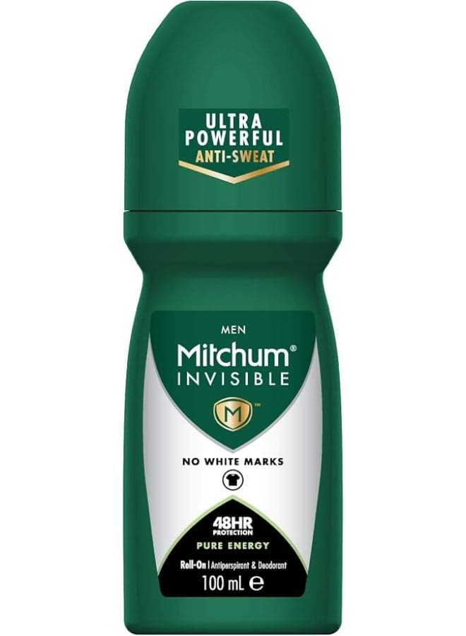 Mitchum Invisible Men 48HR Protection Roll On Anti-Perspirant & Deodorant, No White Marks, Alcohol Free, Pure Energy 100 ml 7246640000
