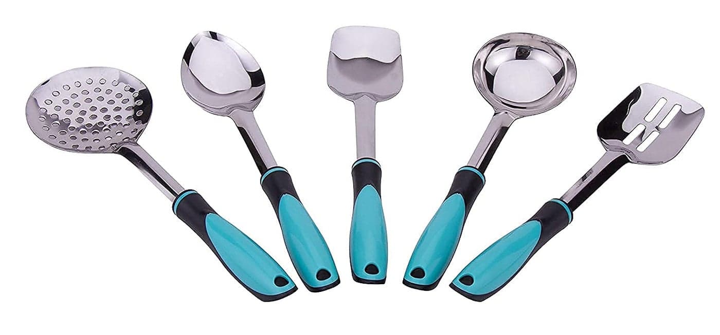 SOLINO Stainless Steel Serving and Cooking Spoons Set of 5 pc Combo 1 of Slotted Turner 1 of Ladle 1 of Skimmer 1 of Serving Big Spoon SkyBlue