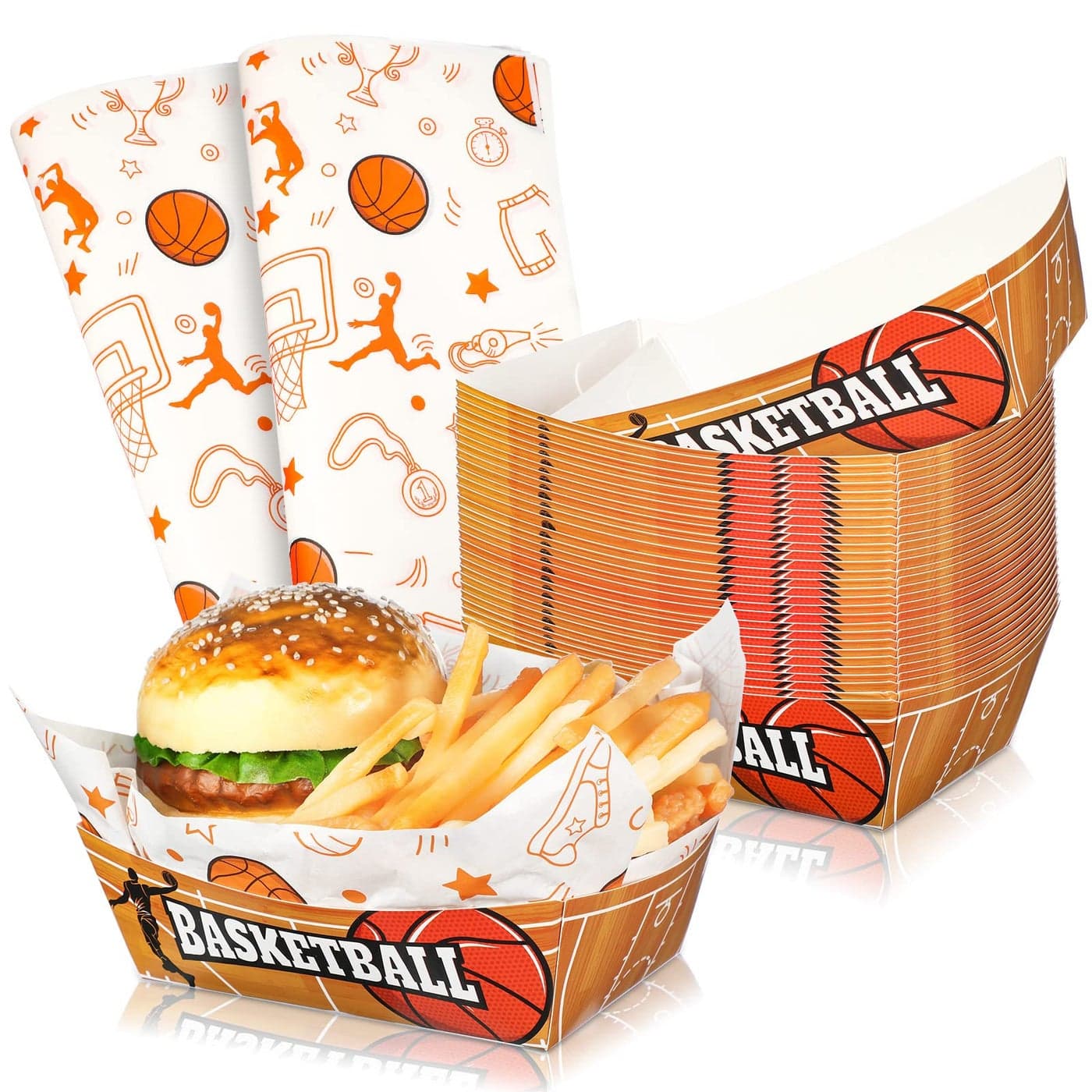 Patelai 30 Sets Basketball Party Decorations 11lb Basketball Food Serving Trays Ball Theme Paper Bowls with 60 Deli Wrap Wax Paper Sheets Disposable Snack Boats for Sport Birthday Party Supplies