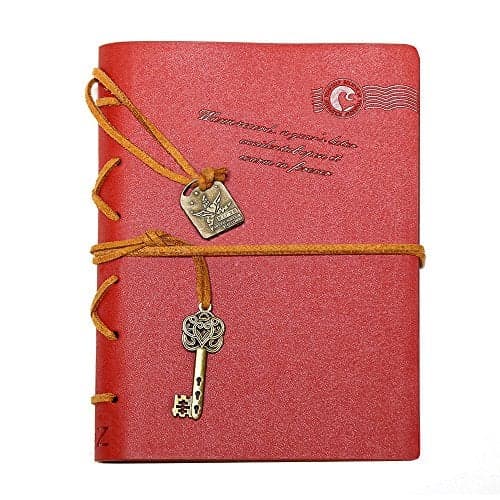 EvZ Leather Writing Journal Notebook, 7 Inches Key Bound Retro Vintage Notebook Diary Sketchbook Gifts with Unlined Travel Journals to Write in for Girls and Boys Notepad Guest Book, Red